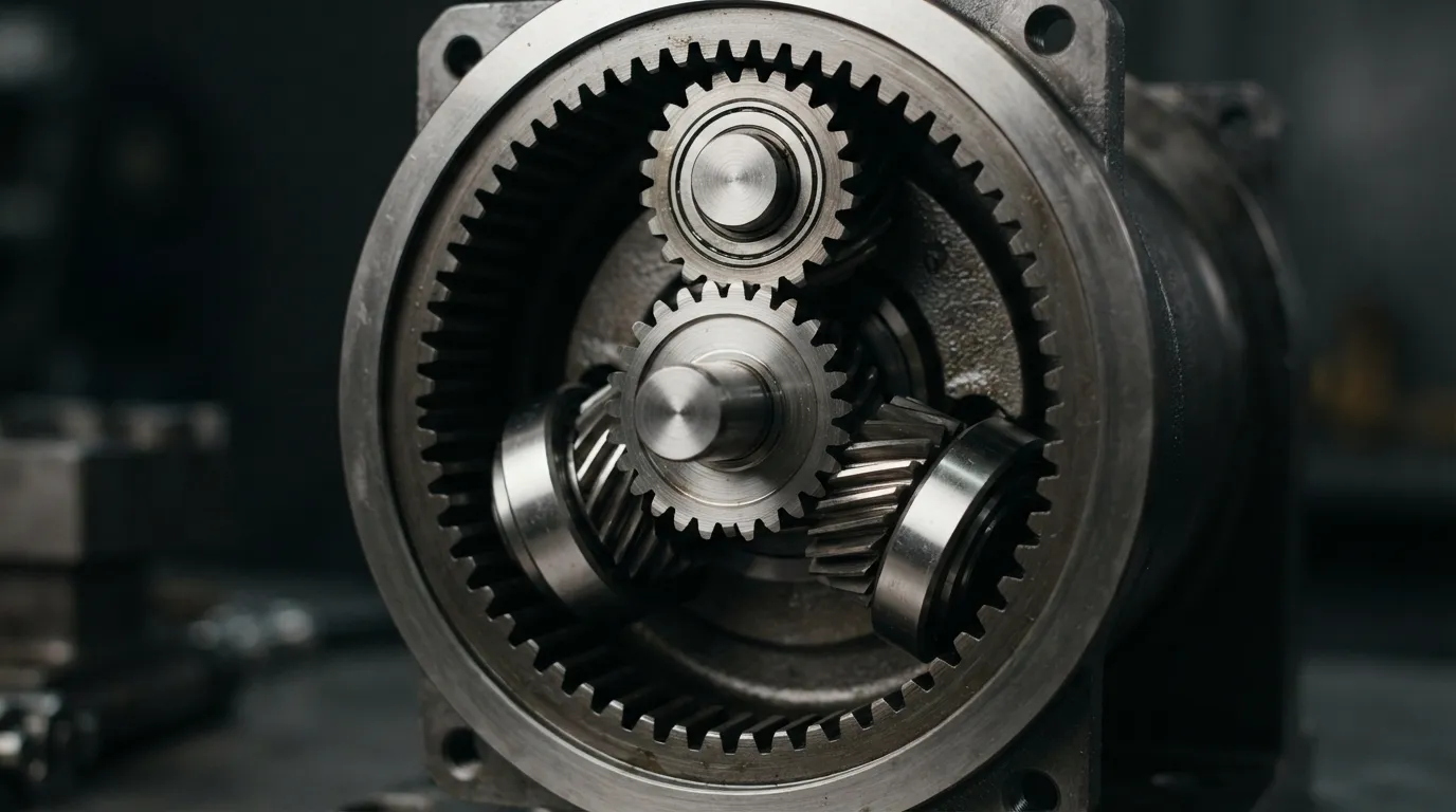 Вид с вырезом планетарной коробки передач с солнечной шестерёнкой, Planet Gears, и зубья кольцевой шестерни видны.
