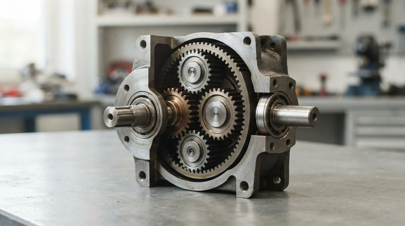 Вырез планетарного редуктора, показывающего солнечную шестерню, Planet Gears, Авианосец, кольцевая шестерня и входные и выходные валы